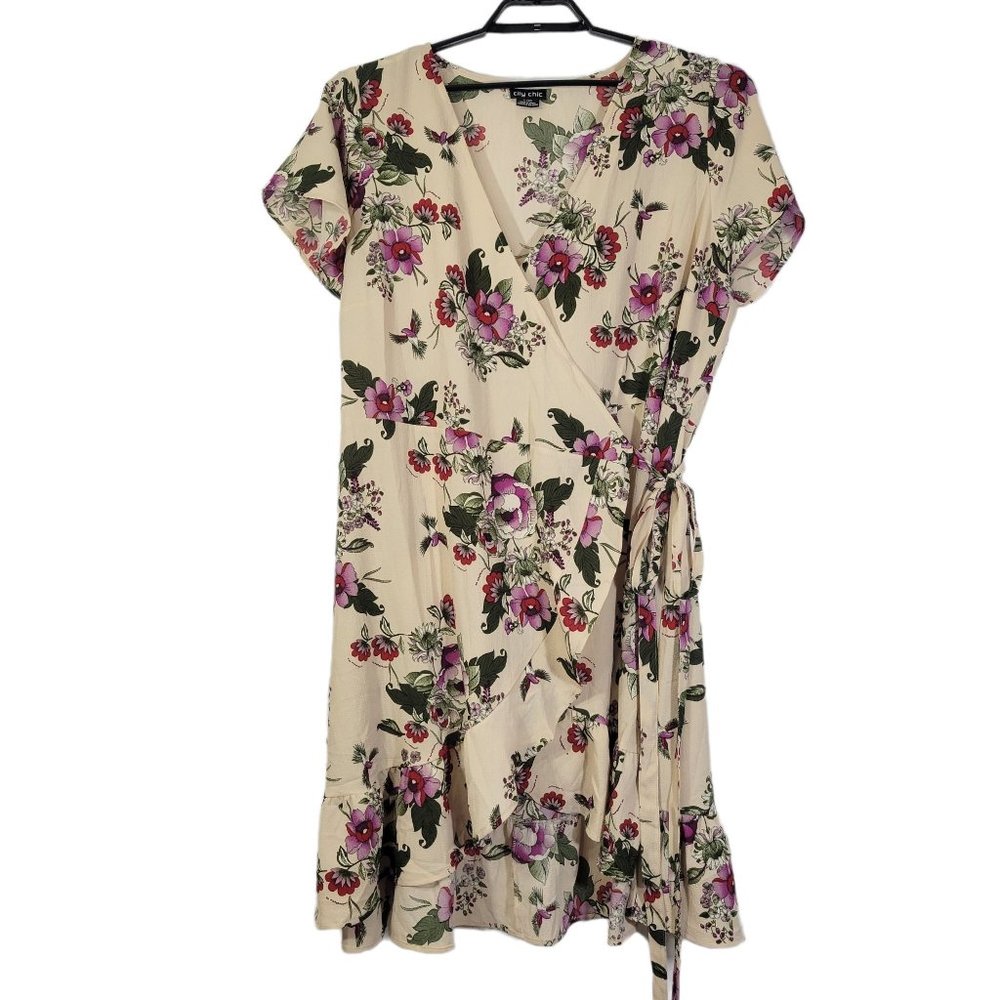 City Chic Cream Floral Wrap Dress with Pink & Green Accents